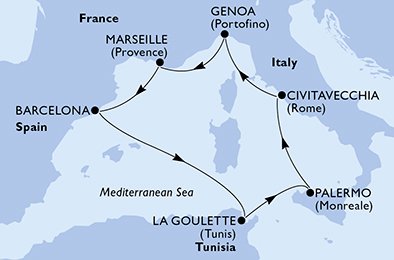 immagine dell´itinerario della crociera in italia, francia, spagna, tunisia a bordo di 
											MSC POESIA con partenza da Palermo il 29/10/21