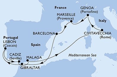 immagine dell´itinerario della crociera in italia, francia, spagna, gibilterra, portogallo a bordo di 
											MSC POESIA con partenza da Genova il 26/12/21