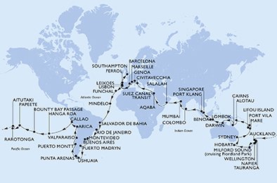 immagine dell´itinerario della crociera in italia, francia, spagna, portogallo, capo verde, brasile, argentina, uruguay, cile, peru, isole pitcairn, polinesia francese, isole cook, nuova zelanda, australia, nuova caledonia, vanuatu, papua nuova guinea, indonesia, singapore, malesia, sri lanka, ind a bordo di 
											MSC POESIA con partenza da Genova il 05/01/22