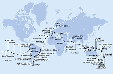 immagine itinerario della crociera in spagna, portogallo, capo verde, brasile, argentina, uruguay, cile, peru, isole pitcairn, polinesia francese, isole cook, nuova zelanda, australia, nuova caledonia, vanuatu, papua nuova guinea, indonesia, singapore, malesia, sri lanka, india, oman, giordan a bordo di msc poesia