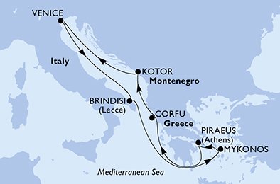 itinerario della crociera in 
							italia, grecia, montenegro su MSC MUSICA