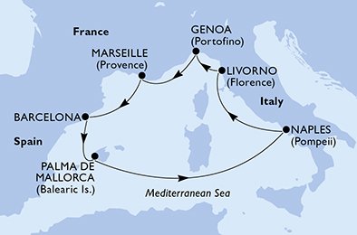 immagine dell´itinerario della crociera in italia, francia, spagna a bordo di 
											MSC SEASIDE con partenza da Napoli il 27/05/21