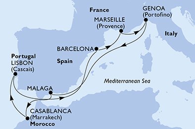 itinerario della crociera in 
							portogallo, spagna, francia, italia, marocco su MSC VIRTUOSA