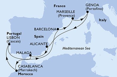 itinerario della crociera in 
							portogallo, spagna, francia, italia, marocco su MSC VIRTUOSA