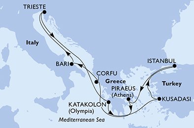 immagine dell´itinerario della crociera in grecia, italia, turchia a bordo di 
											MSC FANTASIA con partenza da Pireo-Atene il 14/06/21