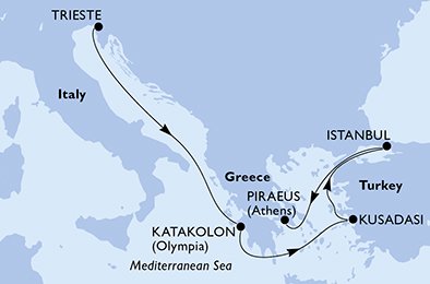 itinerario della crociera in 
							italia, grecia, turchia su MSC FANTASIA