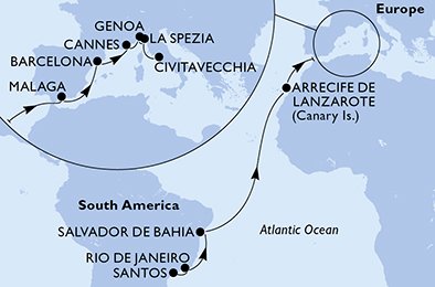 immagine dell´itinerario della crociera in Brasile, Spagna, Francia, Italia a bordo di 
							MSC GRANDIOSA