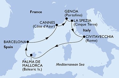 itinerario della crociera in 
							spagna, francia, italia su MSC GRANDIOSA