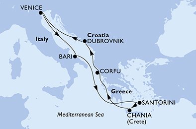 immagine dell´itinerario della crociera in italia, grecia, croazia a bordo di 
											MSC ORCHESTRA con partenza da Venezia il 02/10/21