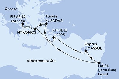 immagine dell´itinerario della crociera in grecia, israele, cipro, turchia a bordo di 
											MSC LIRICA con partenza da Pireo-Atene il 19/09/21