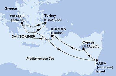 immagine dell´itinerario della crociera in grecia, israele, cipro, turchia a bordo di 
											MSC LIRICA con partenza da Pireo-Atene il 12/09/21