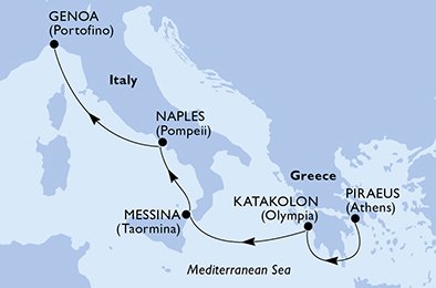 immagine itinerario della crociera in grecia, italia a bordo di msc lirica