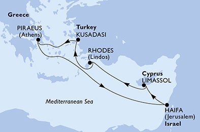 immagine dell´itinerario della crociera in israele, cipro, grecia, turchia a bordo di 
											MSC LIRICA con partenza da Haifa il 08/09/21