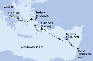 immagine dell´itinerario della crociera in israele, cipro, grecia, turchia a bordo di 
											MSC LIRICA con partenza da Haifa il 27/10/21