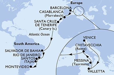 immagine dell´itinerario della crociera in italia, malta, spagna, marocco, brasile, uruguay a bordo di 
											MSC SINFONIA con partenza da Venezia il 13/11/20