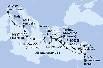 immagine itinerario della crociera in grecia, israele, cipro, turchia, italia a bordo di msc lirica