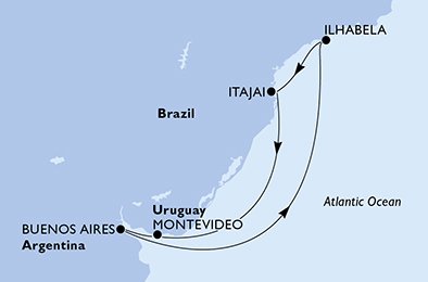 immagine dell´itinerario della crociera in brasile, uruguay, argentina a bordo di 
											MSC SINFONIA con partenza da Itajai il 04/12/20