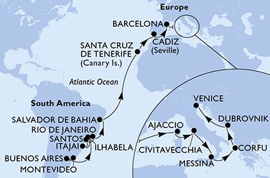 immagine itinerario della crociera in uruguay, argentina, brasile, spagna, francia, italia, grecia, croazia a bordo di msc sinfonia