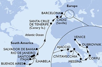 immagine dell´itinerario della crociera in Argentina, Brasile, Spagna, Francia, Italia, Grecia, Croazia a bordo di 
							MSC SINFONIA