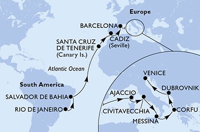 immagine dell´itinerario della crociera in Brasile, Spagna, Francia, Italia, Grecia, Croazia a bordo di 
							MSC SINFONIA