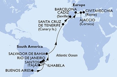 immagine dell´itinerario della crociera in Argentina, Brasile, Spagna, Francia, Italia a bordo di 
							MSC SINFONIA