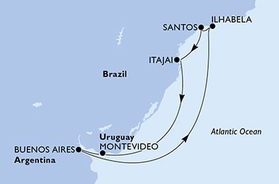 immagine dell´itinerario della crociera in brasile, uruguay, argentina a bordo di 
											MSC SINFONIA con partenza da Itajai il 25/12/20