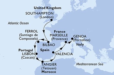 itinerario della crociera in 
							regno unito, spagna, portogallo, marocco, francia, italia su MSC MAGNIFICA