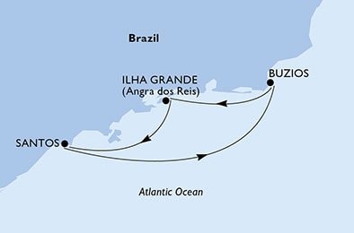 immagine dell´itinerario della crociera in santos, buzios, ilha grande, santos a bordo di 
											MSC PREZIOSA con partenza da Santos il 08/03/21