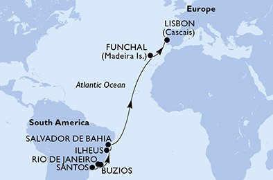 immagine itinerario della crociera in brasile, portogallo a bordo di Msc grand voyages