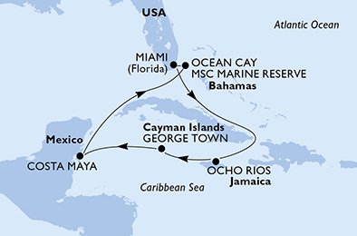 immagine dell´itinerario della crociera in usa, giamaica, isole cayman, messico, bahamas a bordo di 
											MSC MERAVIGLIA con partenza da Miami il 29/11/20