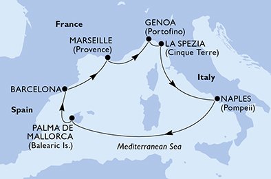 immagine dell´itinerario della crociera in spagna, francia, italia a bordo di 
											MSC FANTASIA con partenza da Palma di Maiorca il 03/02/22