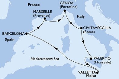 itinerario della crociera in 
							francia, italia, malta, spagna su MSC GRANDIOSA