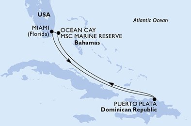 immagine dell´itinerario della crociera in usa, repubblica dominicana, bahamas a bordo di 
											MSC DIVINA con partenza da Miami il 27/02/22