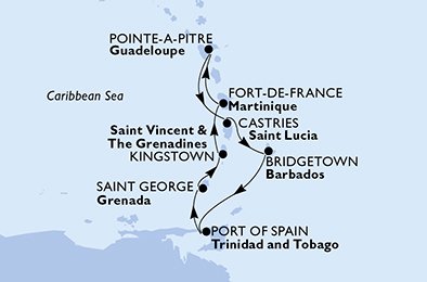 crociera msc UJTF itinerario della crociera in
martinica, guadalupe, saint lucia, barbados, trinidad e tobago, grenada, saint vincent & the grenadines su MSC SEAVIEW