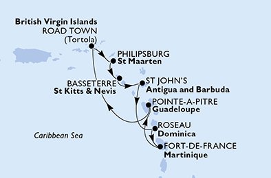 itinerario della crociera in 
							martinica, guadalupe, isole vergini (britanniche), antille olandesi, saint kitts - nevis, antigua-barbuda, dominica su MSC SEAVIEW