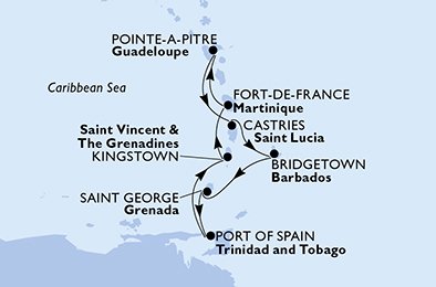 itinerario della crociera in 
							martinica, guadalupe, saint lucia, barbados, grenada, trinidad e tobago, saint vincent & the grenadines su MSC SEAVIEW