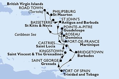 immagine dell´itinerario della crociera in martinica, guadalupe, saint lucia, barbados, trinidad e tobago, grenada, saint vincent & the grenadines, isole vergini (britanniche), antille olandesi, saint kitts - nevis, antigua-barbuda, dominica a bordo di 
											MSC SEAVIEW con partenza da Fort de France il 04/12/21