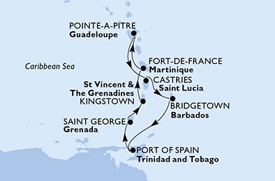 immagine dell´itinerario della crociera in guadalupe, saint lucia, barbados, trinidad e tobago, grenada, saint vincent & the grenadines, martinica a bordo di 
											MSC SEAVIEW con partenza da Pointe-?-Pitre il 19/12/21