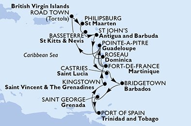 itinerario della crociera in 
							martinica, guadalupe, isole vergini (britanniche), antille olandesi, saint kitts - nevis, antigua-barbuda, dominica, saint lucia, barbados, grenada, trinidad e tobago, saint vincent & the grenadines su MSC SEAVIEW