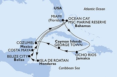 crociera msc UJX8 itinerario della crociera in
usa, giamaica, isole cayman, messico, bahamas, honduras, belize su MSC MERAVIGLIA