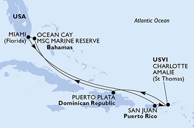 crociera msc UJXC itinerario della crociera in
usa, porto rico, isole vergini (usa), repubblica dominicana, bahamas su MSC SEASHORE