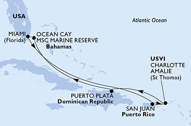 immagine dell´itinerario della crociera in usa, porto rico, isole vergini (usa), repubblica dominicana, bahamas a bordo di 
											MSC SEASHORE con partenza da Miami il 19/03/22