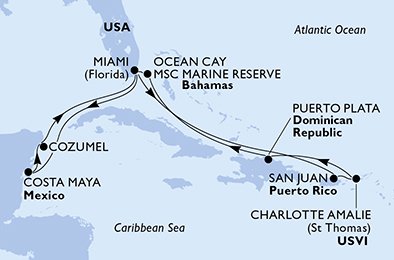 immagine dell´itinerario della crociera in usa, porto rico, isole vergini (usa), repubblica dominicana, bahamas, messico a bordo di 
											MSC SEASHORE con partenza da Miami il 11/12/21