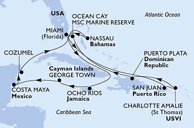 immagine dell´itinerario della crociera in usa, porto rico, isole vergini (usa), repubblica dominicana, bahamas, giamaica, isole cayman, messico a bordo di 
											MSC SEASHORE con partenza da Miami il 23/12/21