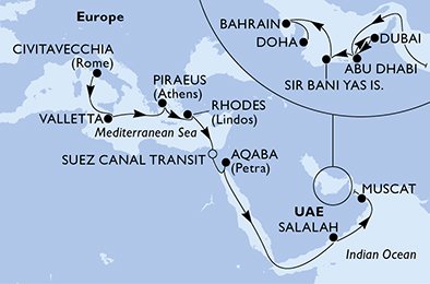 immagine dell´itinerario della crociera in italia, malta, grecia, egitto, giordania, oman, emirati arabi uniti, bahrain, qatar a bordo di 
											MSC VIRTUOSA con partenza da Civitavecchia il 08/11/21