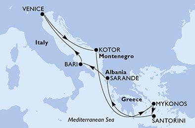 immagine dell´itinerario della crociera in italia, montenegro, grecia, albania a bordo di 
											MSC SINFONIA con partenza da Venezia il 17/04/21