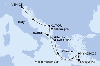 immagine dell´itinerario della crociera in italia, montenegro, grecia, albania a bordo di 
											MSC SINFONIA con partenza da Venezia il 17/04/21