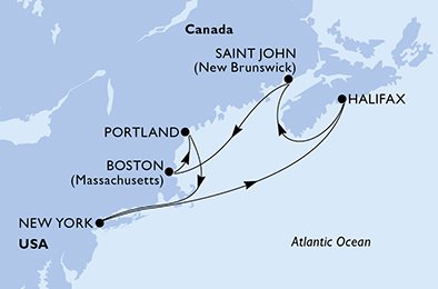 immagine dell´itinerario della crociera in USA, Canada a bordo di 
							MSC DIVINA