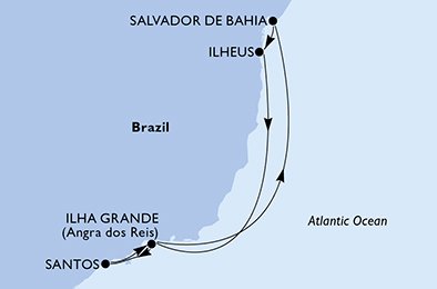 itinerario della crociera in 
							salvador da bahia, ilheus, ilha grande, santos, ilha grande, salvador da bahia su MSC GRANDIOSA