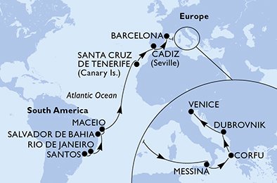 Santos,Rio de Janeiro,Salvador,Maceio,Santa Cruz de Tenerife,Cadiz,Barcelona,Messina,Corfu,Dubrovnik,Venice